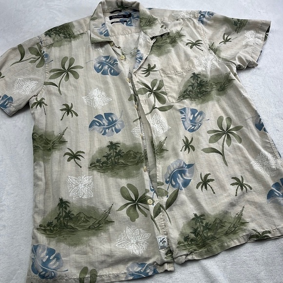100% Silk (Washable) Men's‎ XL Nautica Tropical Print Beige Button Down Shirt - Picture 1 of 10
